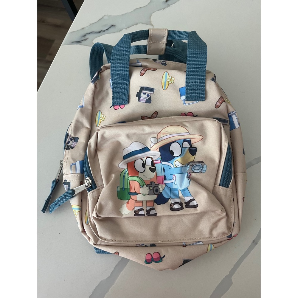 Bluey Bingo Kids Mini Backpack Tan Teal Outdoor Adventure Vacation Small‎ Bag
